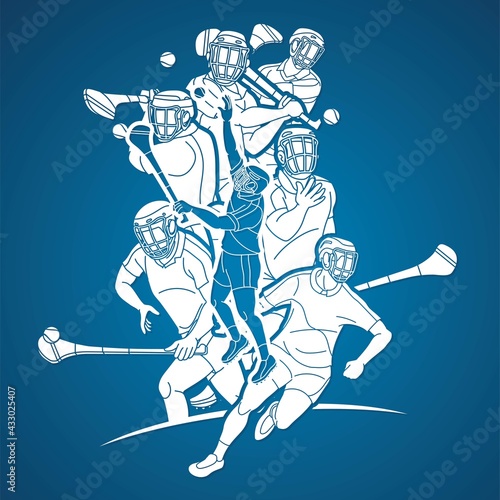 Irish Hurley Sport. Group of Hurling Sport Players Action. Cartoon Graphic Vector