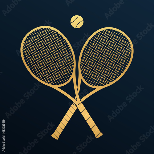 Crossed tennis rackets with tennis ball. Vector illustration. 