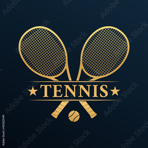 Tennis logo design or icon with two crossed rackets and tennis ball. Vector illustration.