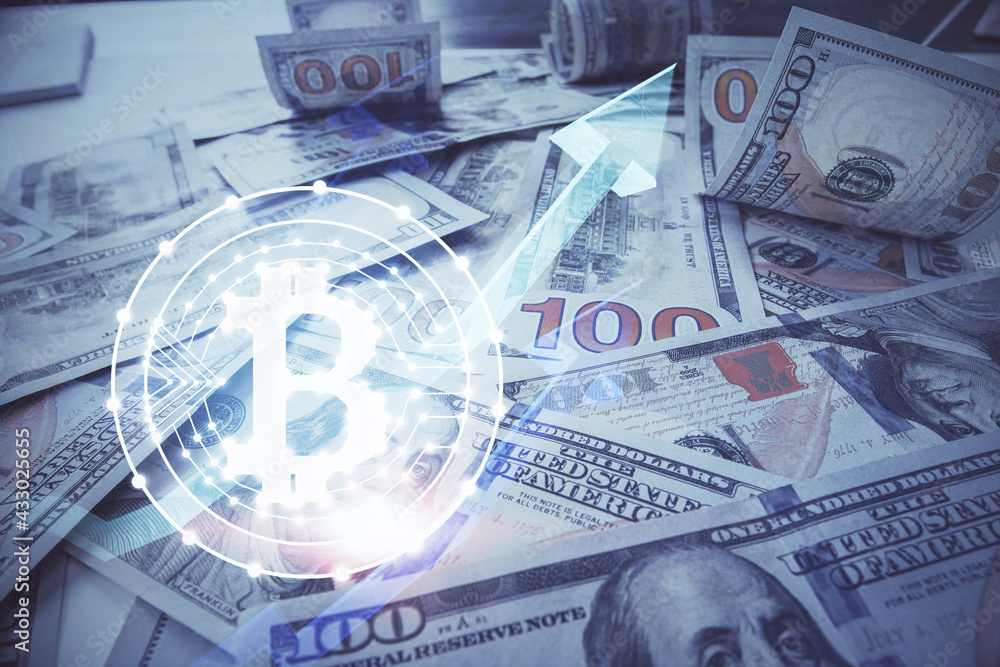 Multi exposure of crypto theme drawing over us dollars bill background. Concept of blockchain success. Multi exposure of crypto theme drawing over us dollars bill background. Concept of blockchain success.