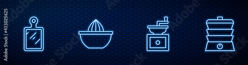 Set line Manual coffee grinder, Cutting board, Citrus fruit juicer and Slow cooker. Glowing neon icon on brick wall. Vector