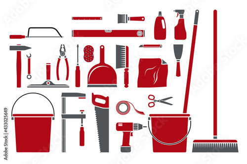 clip art Vektor Icon Set mit Werkzeugen und Utensilien  für Haushalt, Reinigung, Werkstatt und Baumarkt