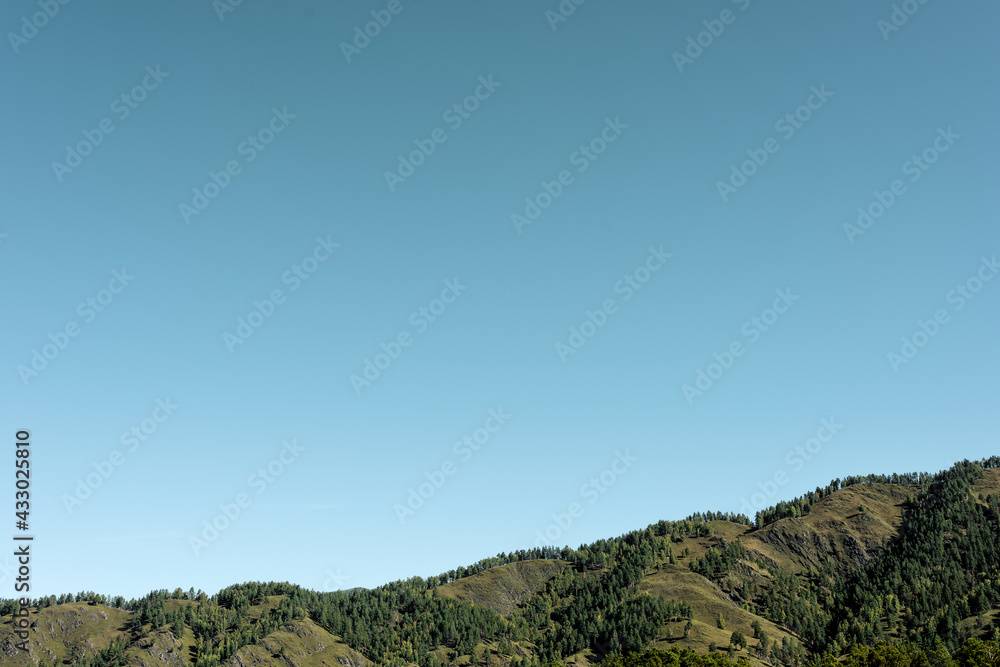 The top of the green hills against the blue sky. Natural background with free space