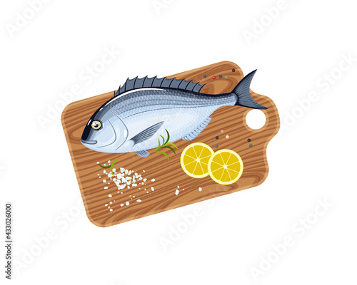Dorado fish on cutting board with lemon, salt and pepper. Vector illustration cartoon flat icon isolated on white background.
