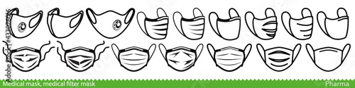 Set of medical face mask line icons. Various surgical and FFP masks and respirators. Vector Illustration