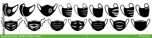 Set of medical face mask icons. Various surgical and FFP masks and respirators. Vector Illustration