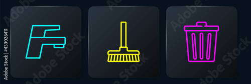 Set line Water tap, Trash can and Handle broom. Black square button. Vector