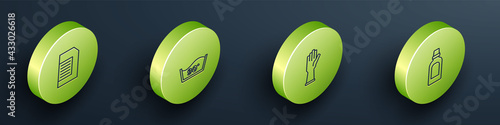 Set Isometric line Laundry detergent, Temperature wash, Rubber gloves and Bottle for cleaning agent icon. Vector