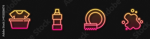 Set line Washing dishes, Basin with shirt, Bottle for cleaning agent and Water spill. Glowing neon icon. Vector