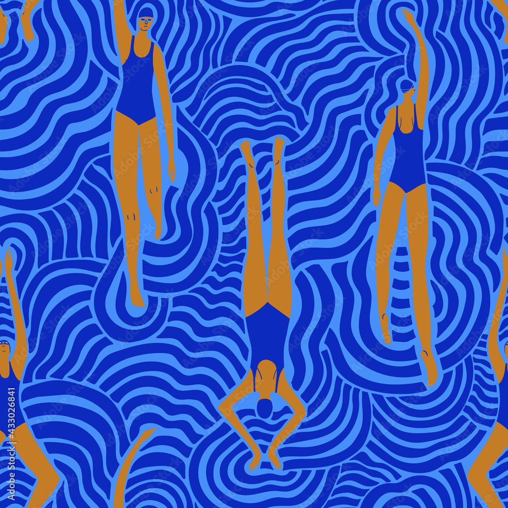  Swimming women in surreal waves seamless pattern