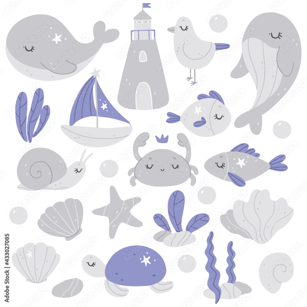 hand drawn nursery vector collection with sea animals hand drawn nursery vector collection with sea animals