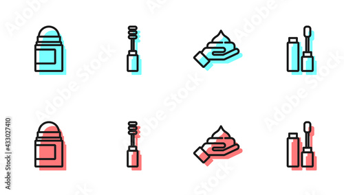 Set line Cream or lotion cosmetic tube, Antiperspirant deodorant roll, Mascara brush and icon. Vector