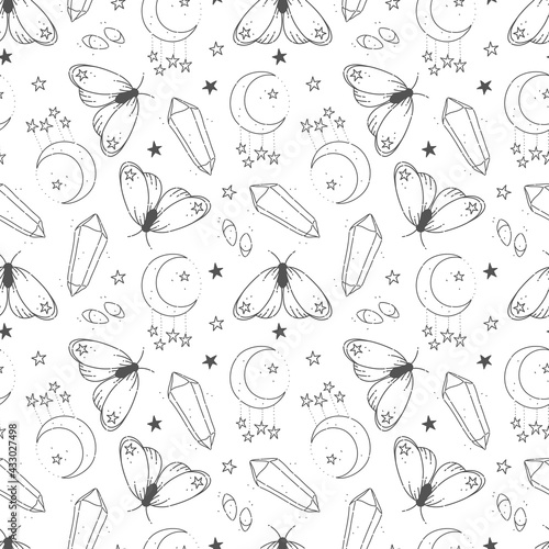 hand drawn seamless pattern with magical and esoteric elements