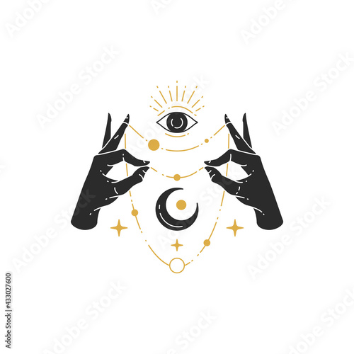 Female hands with beads and crescent moon silhouette vector illustration