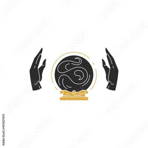 Hands of fortune teller and crystal ball silhouette vector illustration