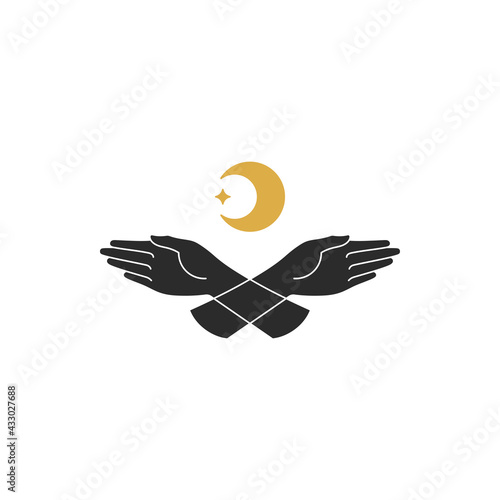 Female hands with moon crescent silhouette vector illustration