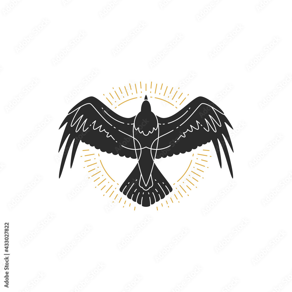 Fototapeta premium Mystic flying raven hand drawn silhouette vector illustration