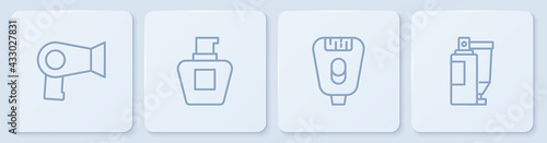 Set line Hair dryer, Epilator, Cream lotion cosmetic tube and . White square button. Vector