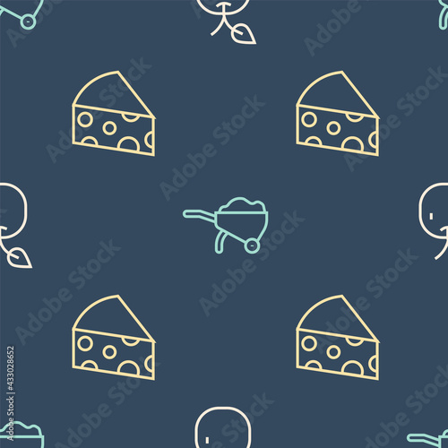 Set line Apple, Cheese and Wheelbarrow with dirt on seamless pattern. Vector