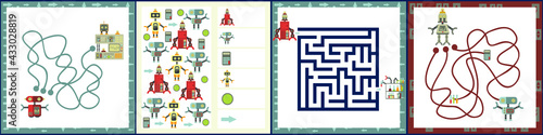 Mini games collections with robots for development. I spy. Maze. Colorful vector illustration in flat style.
