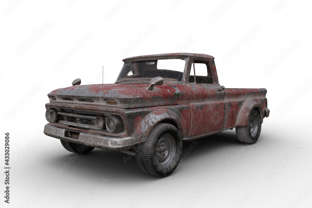 3D rendering ofl an old rusty vintage red pickup truck isolated on white. - obrazy, fototapety, plakaty 