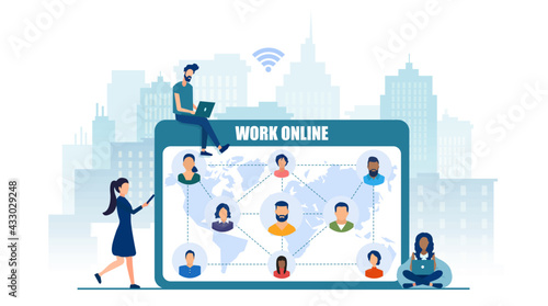 Vector of a group of people using mobile devices freelancing and networking