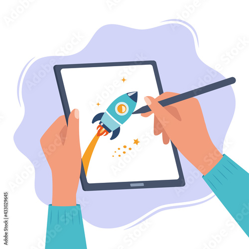 Designer illustrator draws a cute illustration on graphic tablet with pen. Hands holding tablet and stylus pen. Art creating, graphic design, digital drawing. Freelance 2D artist. Vector illustration.