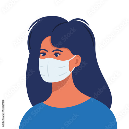 Woman with protective medical mask on face for prevent virus. Girl in surgical mask. Covid prevention. Vector illustration in flat style.