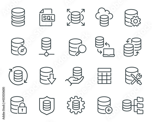 Database Icons Set. Such as Data Processing and Management, Customization, Exchange, Protection, Repair and others. Editable vector stroke.