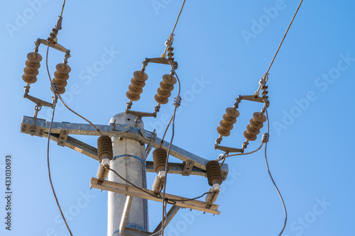 Obraz na plátně closeup view of mains power line junction with insulator