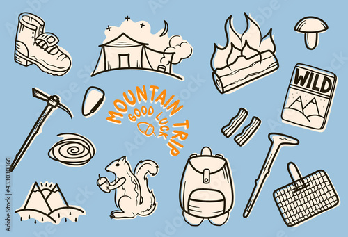 Icons of mountain trip, wild travel and camping holidays