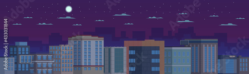 Night city with various buildings lined up in a row. There is a moon with stars in the sky. Night atmosphere of a sleeping city