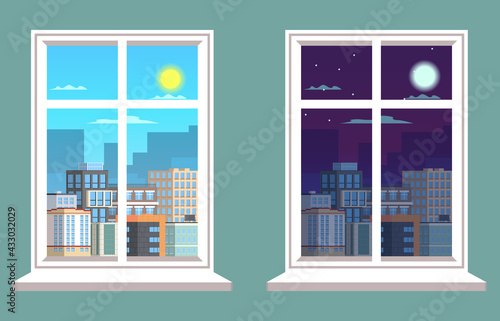 Two windows overlooking the city.  Night and day city.Window day time view. Day and night city concept.Flat style illustration.