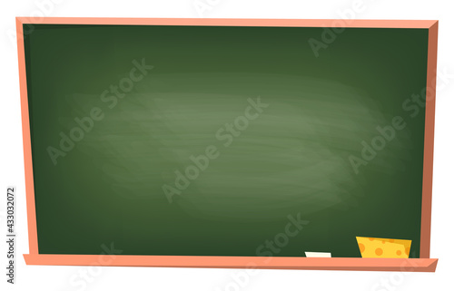 Blackboard with melik and yellow washcloth. Isolated on white background