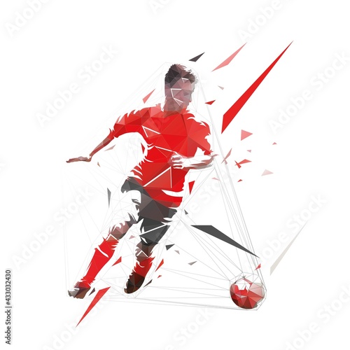 Soccer player running with ball, low polygonal isolated vector silhouette. Abstract geometric soccer logo, triangles