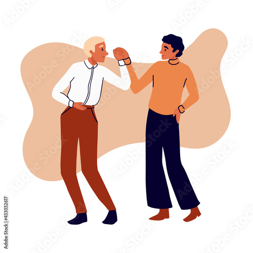 Gay homosexual couple dancing lindy hop or swing at class or party. Two men holding hands. Lgbt family on romantic date. Homosexuality. LGBTQ+ people love, diversity, relationship, pride parade