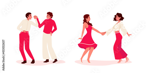 Gay homosexual couple dancing swing at class, party. Two men and women holding hands. Lgbt lesbian family romantic date. Homosexuality. LGBTQ+ people love, diversity, relationship, pride parade