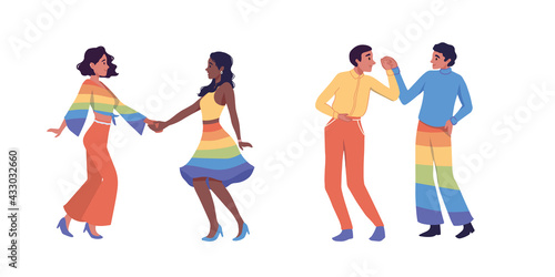 Gay homosexual couple dancing swing at class, party. Two men and women holding hands. Lgbt lesbian family romantic date. Homosexuality. LGBTQ+ people love, diversity, relationship, pride parade