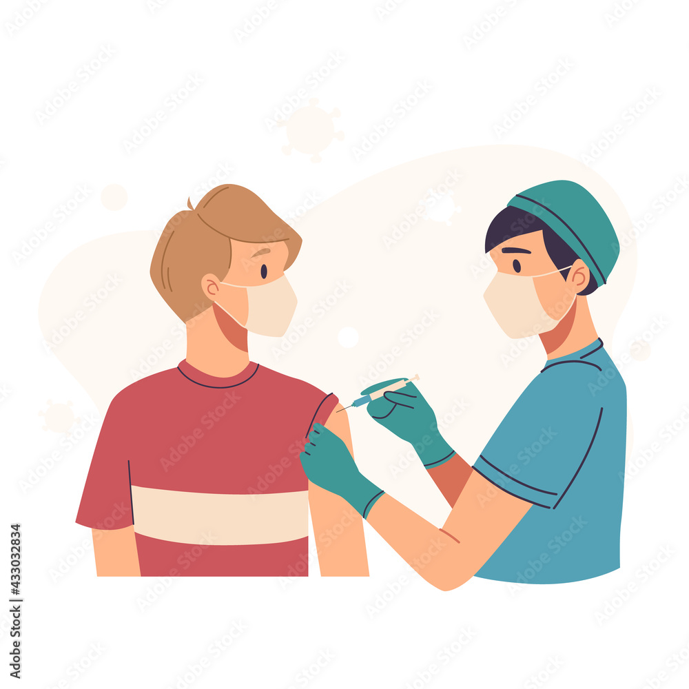 Vaccination, immunization concept. Doctor, nurse, vaccinating patient, young adults. Medical office, laboratory. Hospital staff in masks, gloves with syringe Vaccination, immunization concept. Doctor, nurse, vaccinating patient, young adults. Medical office, laboratory. Hospital staff in masks, gloves with syringe