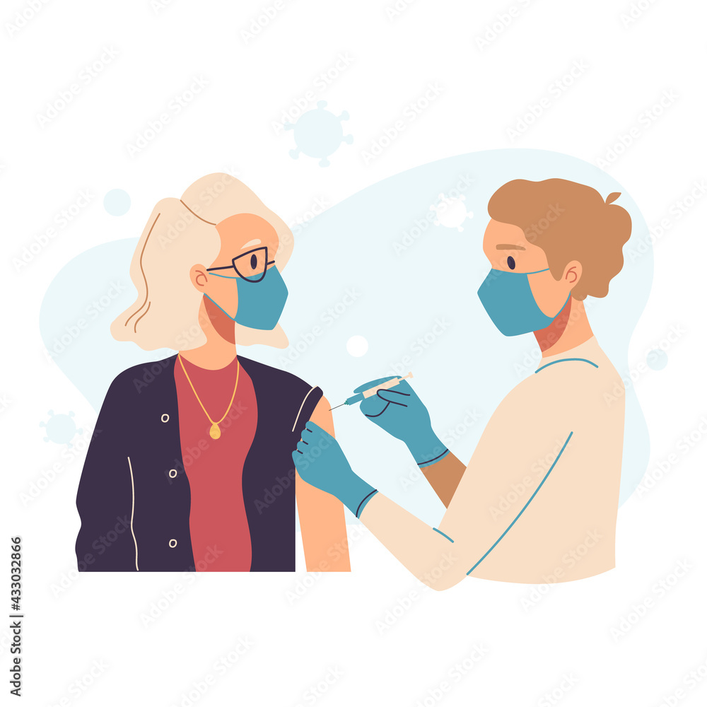 Vaccination, immunization concept. Set of doctors, nurses, pediatrician vaccinating people, adults, children, elderly patients. Medical office, laboratory. Hospital staff in masks, gloves with syringe Vaccination, immunization concept. Set of doctors, nurses, pediatrician vaccinating people, adults, children, elderly patients. Medical office, laboratory. Hospital staff in masks, gloves with syringe