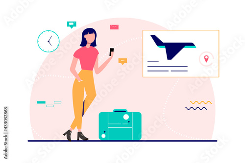 Girl in the airport lounge. Female waiting flight with luggage. Vector flat style illustration.