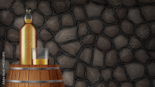 A bottle and a glass of whisky, wooden cask on stone wall background. Vector illustration.