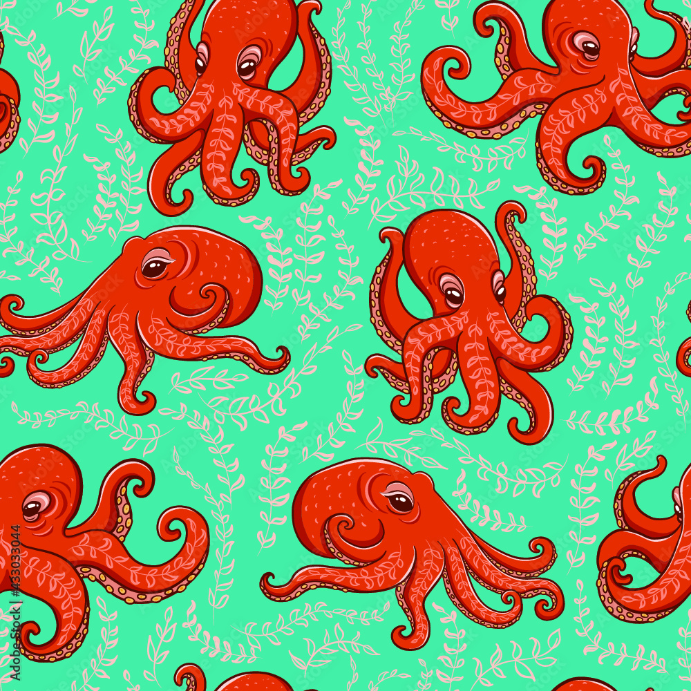 Orange octopuses on the background of sea waves. Decorative seamless pattern. Orange octopuses on the background of sea waves. Decorative seamless pattern.