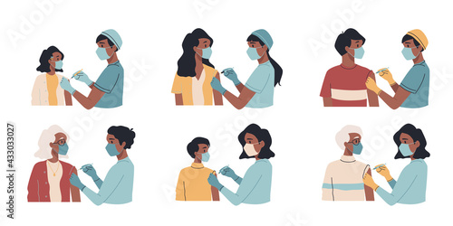 Vaccination, immunization concept. Set of doctors, nurses, pediatrician vaccinating people, adults, children, elderly patients. Medical office, laboratory. Hospital staff in masks, gloves with syringe