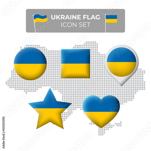 Ukraine flag icons set in the shape of square, heart, circle, stars and pointer, map marker. Mosaic map of ukraine. Vector ukrainian symbol, icon, button
