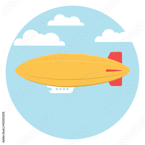 Flying airship against the background of the sky and clouds. Vector illustration.