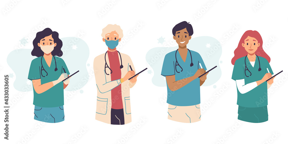 Medical consultation and support set, telemedicine. Doctor with clip board and stethoscope. Healthcare services, Ask a doctor. Nurse, Surgeon, therapist uniform. Medical hospital staff. Medical consultation and support set, telemedicine. Doctor with clip board and stethoscope. Healthcare services, Ask a doctor. Nurse, Surgeon, therapist uniform. Medical hospital staff.