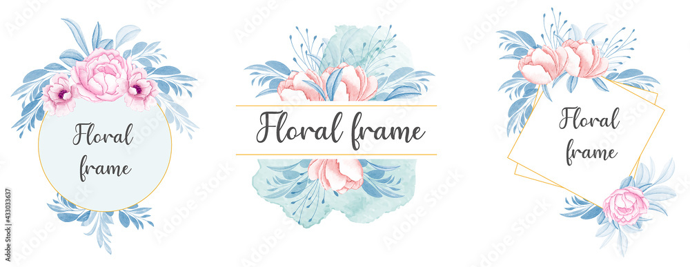 Set of watercolor floral frame bouquets of soft blue and peach roses, leaves arrangement, floral frame.