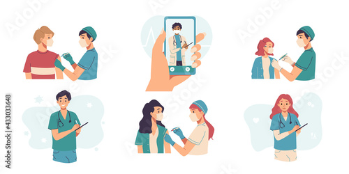 Vaccination, immunization concept. Set of doctors, nurses, surgeon vaccinating people. Hospital staff in masks, gloves. Medical consultation and support set, Online advise, chat service, telemedicine