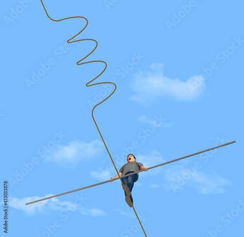 A high tight rope walker looks at trouble ahead in this 3-D illustration about adversity. photo